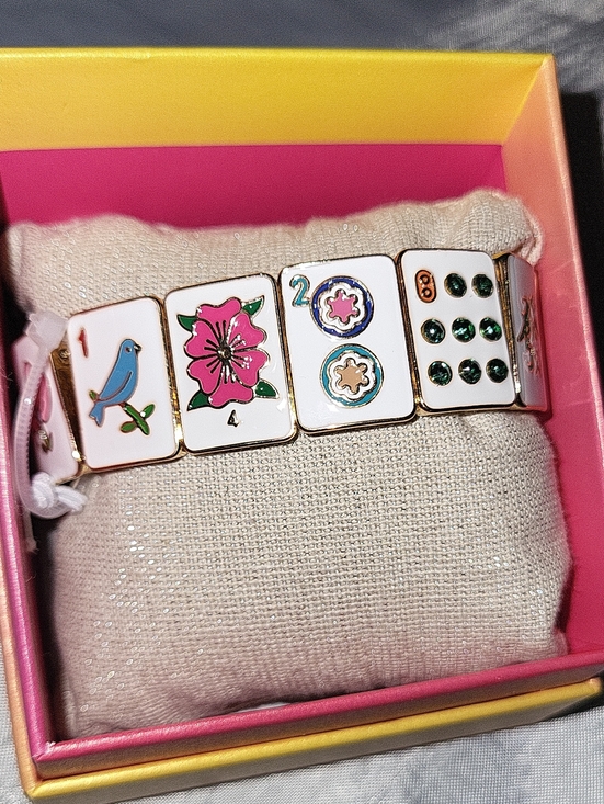 Piper K Jewelry - Piper K White Enamel Mahjong Tile Bracelet with Pink Flower and Blue STRETCH TI